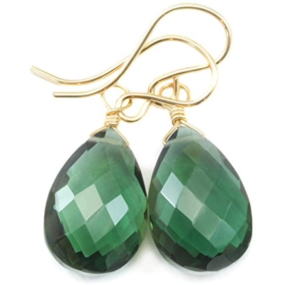 14k Gold Filled Green Simulated Tourmaline Earrings Faceted Pear Briolette Drop Dangle