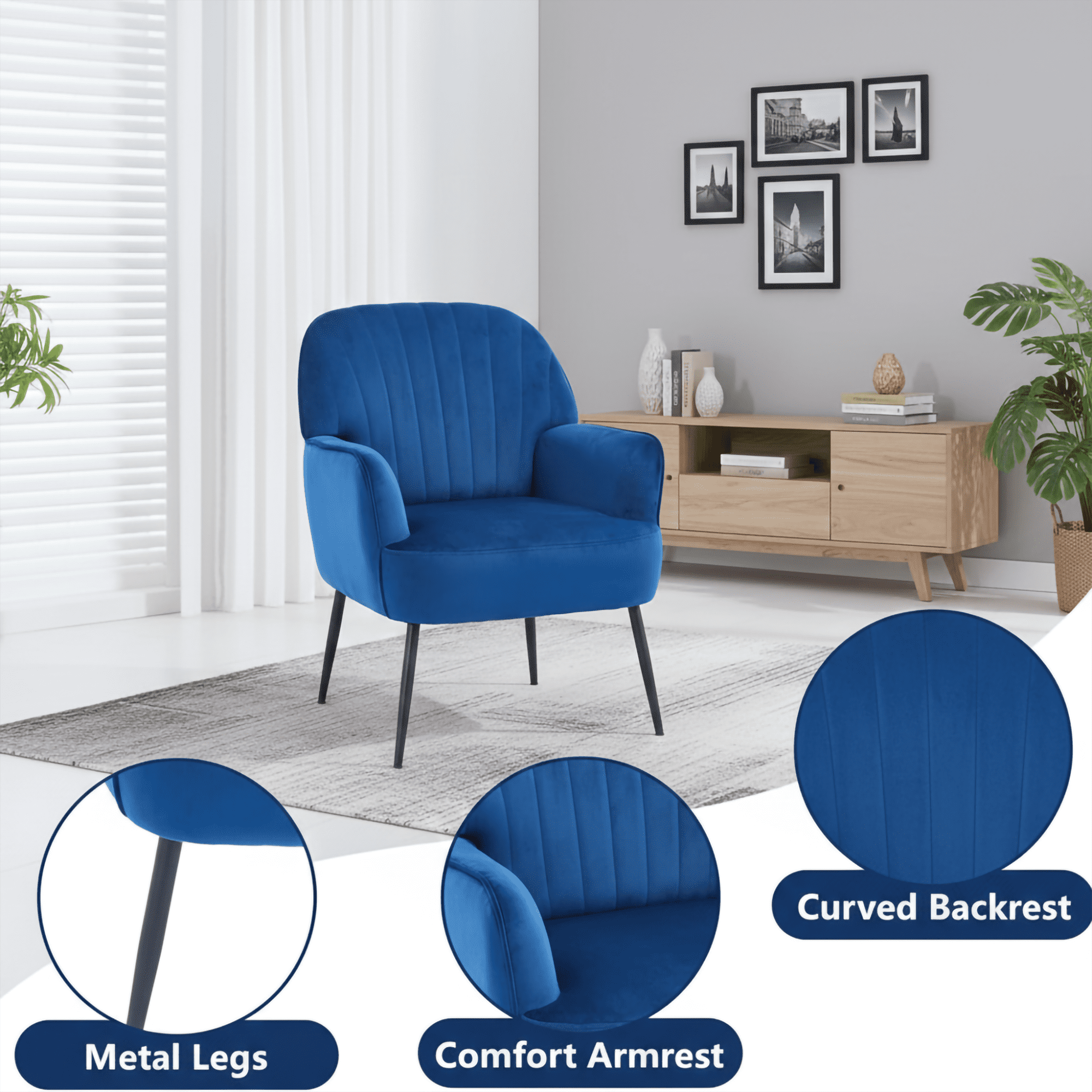 Mintazer Velvet Accent Chair with Shell-Shaped Backrest, Modern Upholstered Armchair with Metal Legs for Living Room & Bedroom, Blue