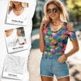 thumbnail image 5 of POLERO Colorful Palm Leaves Print Womens Cold Shoulder Summer Trendy Top Short Sleeve Shirt Sexy V Neck Blouse Casual Tee Basic Tshirt Vacation Beach Tunic Soft Lightweight L, 5 of 8
