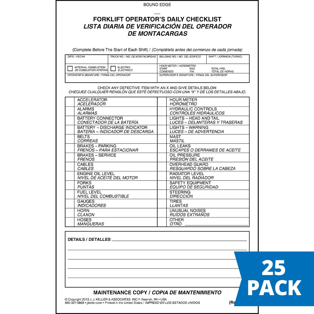 Forklift Operator Daily Checklist Forms 25pk. Bilingual, Book Format