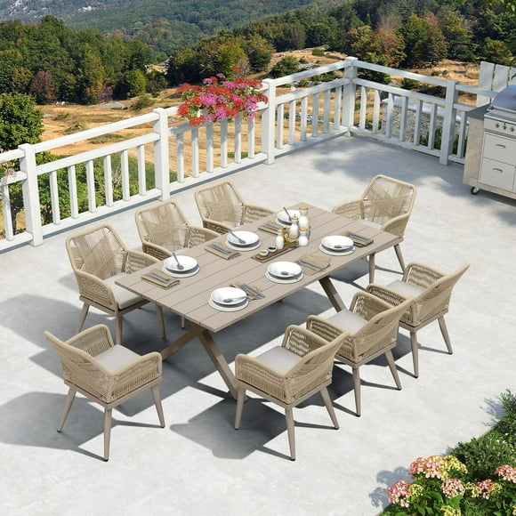 PURPLE LEAF Ensemble de Salle à Manger d'Extérieur 9 Pcs, Comprenant une Table Rectangulaire en Aluminium et 8 Chaises en Osier avec Coussins, pour Cuisine de Jardin et Véranda, Couleur Champagne.