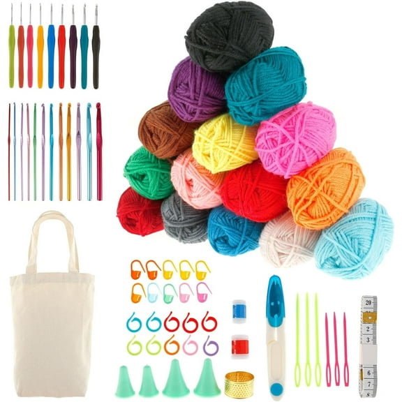 73PCS Crochet Accessories Set Including Ergonomic Hooks, 15 Yarn Ball 21 Crochet Hooks Set, Knitting Needles & More Ideal Beginner Kit