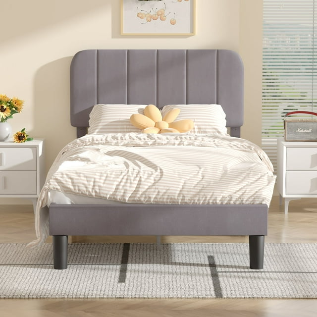 VECELO Twin Size Bed Frame with Upholstered Adjustable Headboard, Wooden Slats Support/No Box Spring Needed, Dark Gray