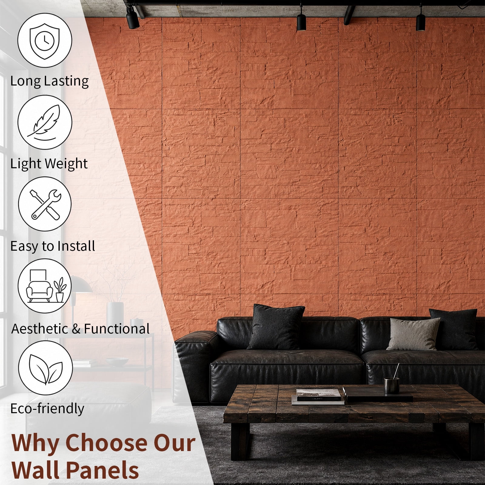 BEAUTYPEAK 8PCS 24"x 24" 3D Wall Panels Lightweight Wall Decor Panels for Home, Reddish Orange