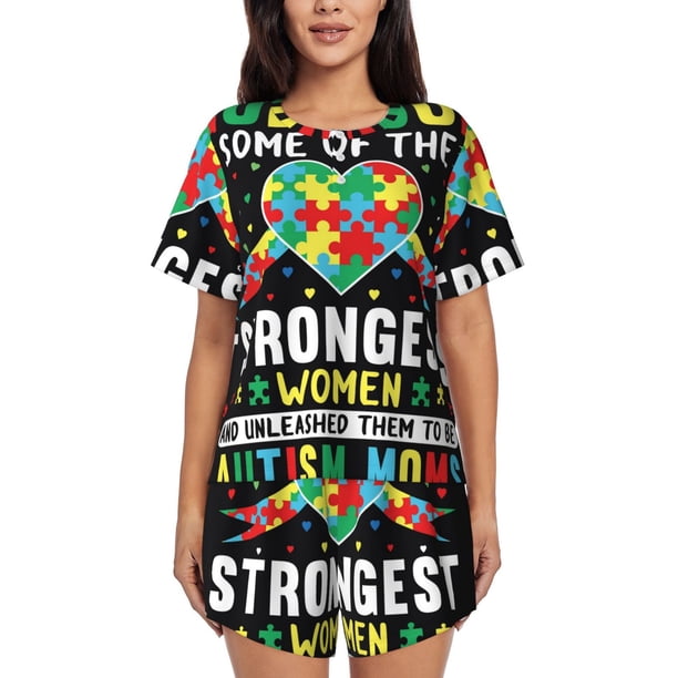 Fotbe I Love With Autism Conjunto de Pijama Estampado para Mujer, 2 Piezas, Ropa de Dormir con Camiseta de Manga Corta y Shorts Suaves-Medium
