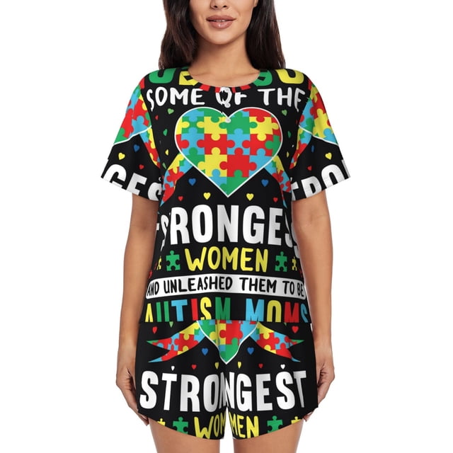 Fotbe I Love With Autism Conjunto de Pijama Estampado para Mujer, 2 Piezas, Ropa de Dormir con Camiseta de Manga Corta y Shorts Suaves-Small