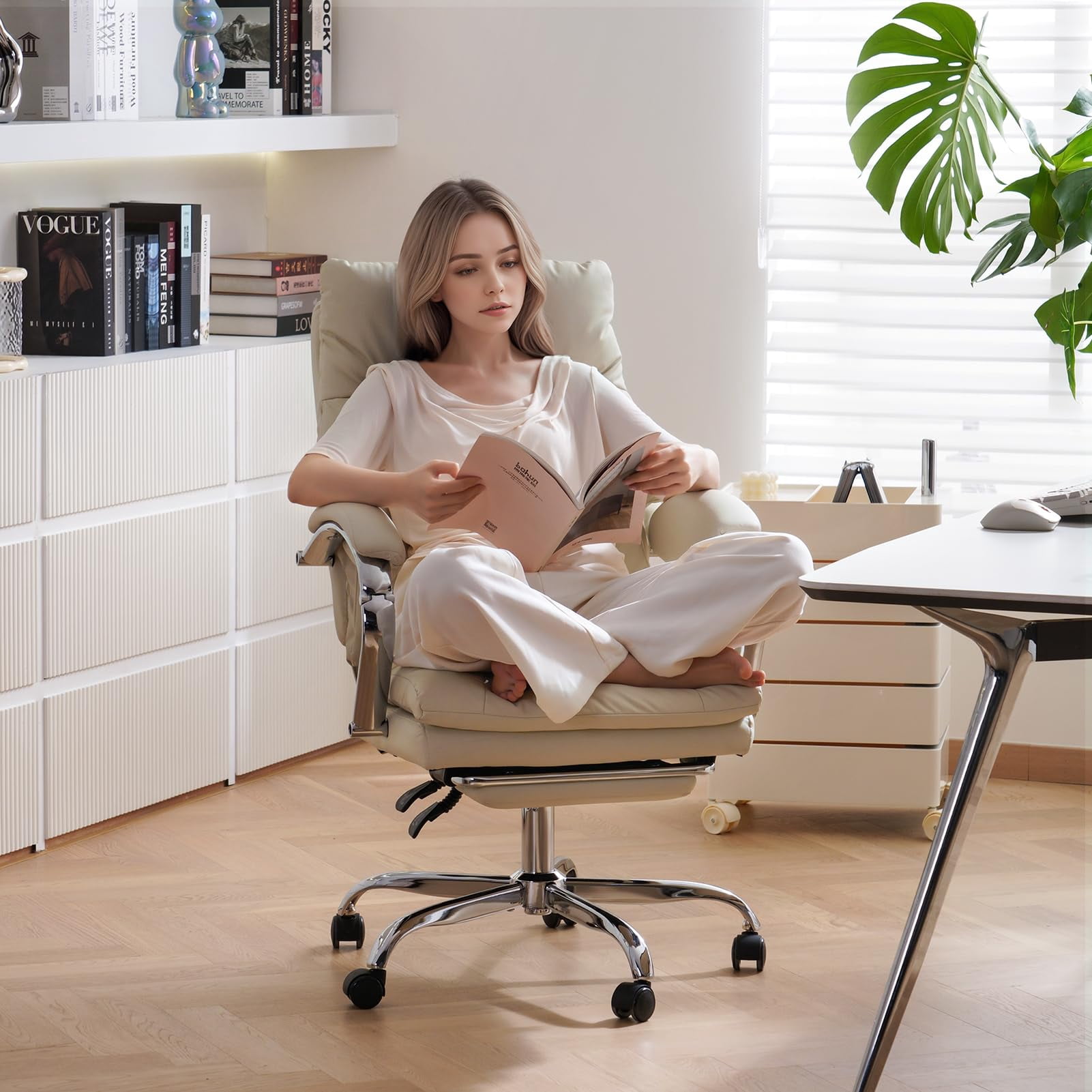 LEAGOO Reclining Office Chair with Foot Rest, Executive Office Chairs with Arms, Ergonomic High Back PU Leather Comfy Swivel Computer Desk Chairs with Wheels and Lumbar Support for Home Office, White