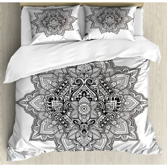 Lotus Duvet Cover Set, Mandala with Aztec Tribal Textured Ornamental Cosmos Floral Pattern, Decorative 3 Piece Bedding Set with 2 Pillow Shams, King Size, Grey Black, by Ambesonne