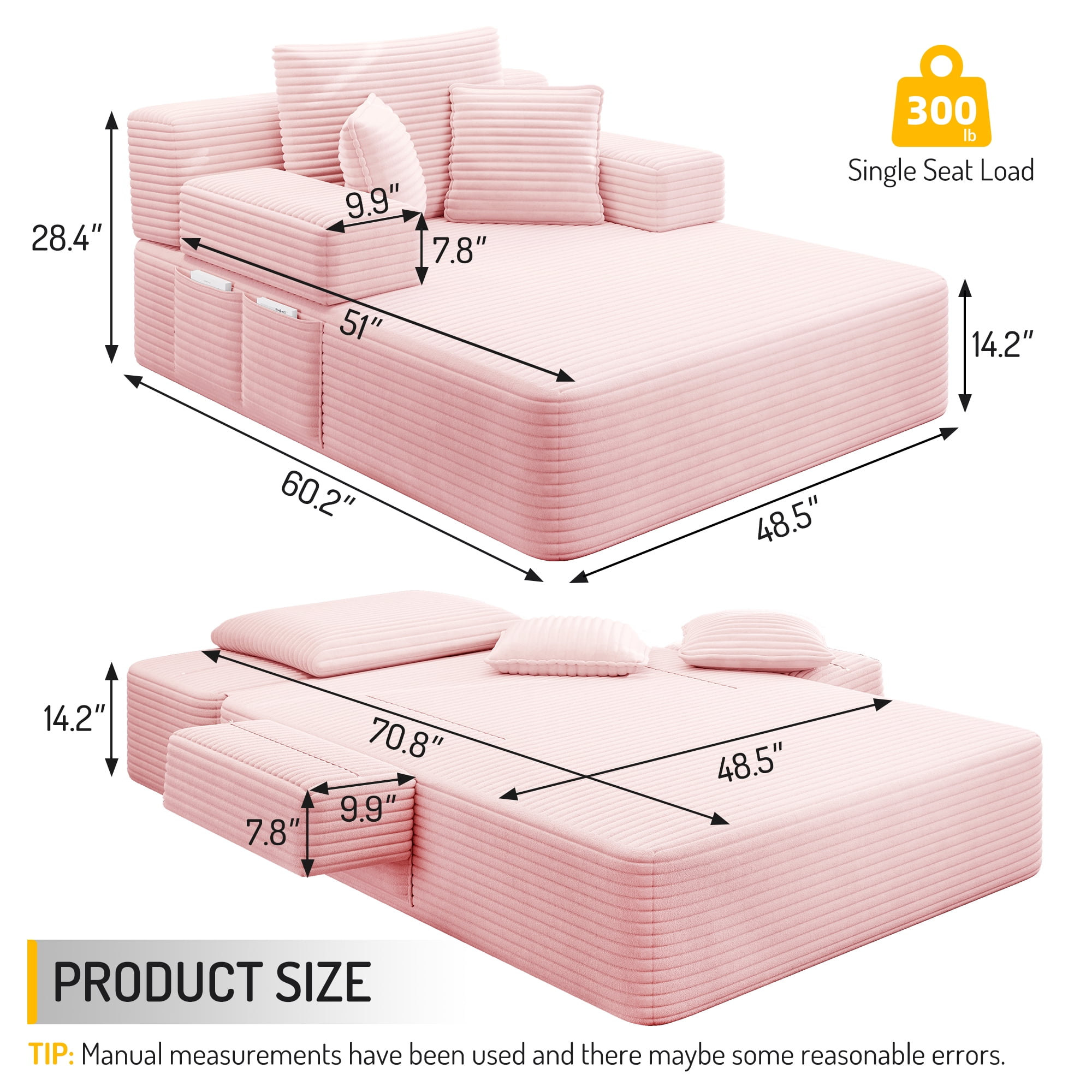 Anpport 60.2" Plush Corduroy Chaise Lounge, Frameless Convertible Sleeper Sofa Bed with Storage Pockets, 3 Soft Pillows, No Assembly, Baby Pink