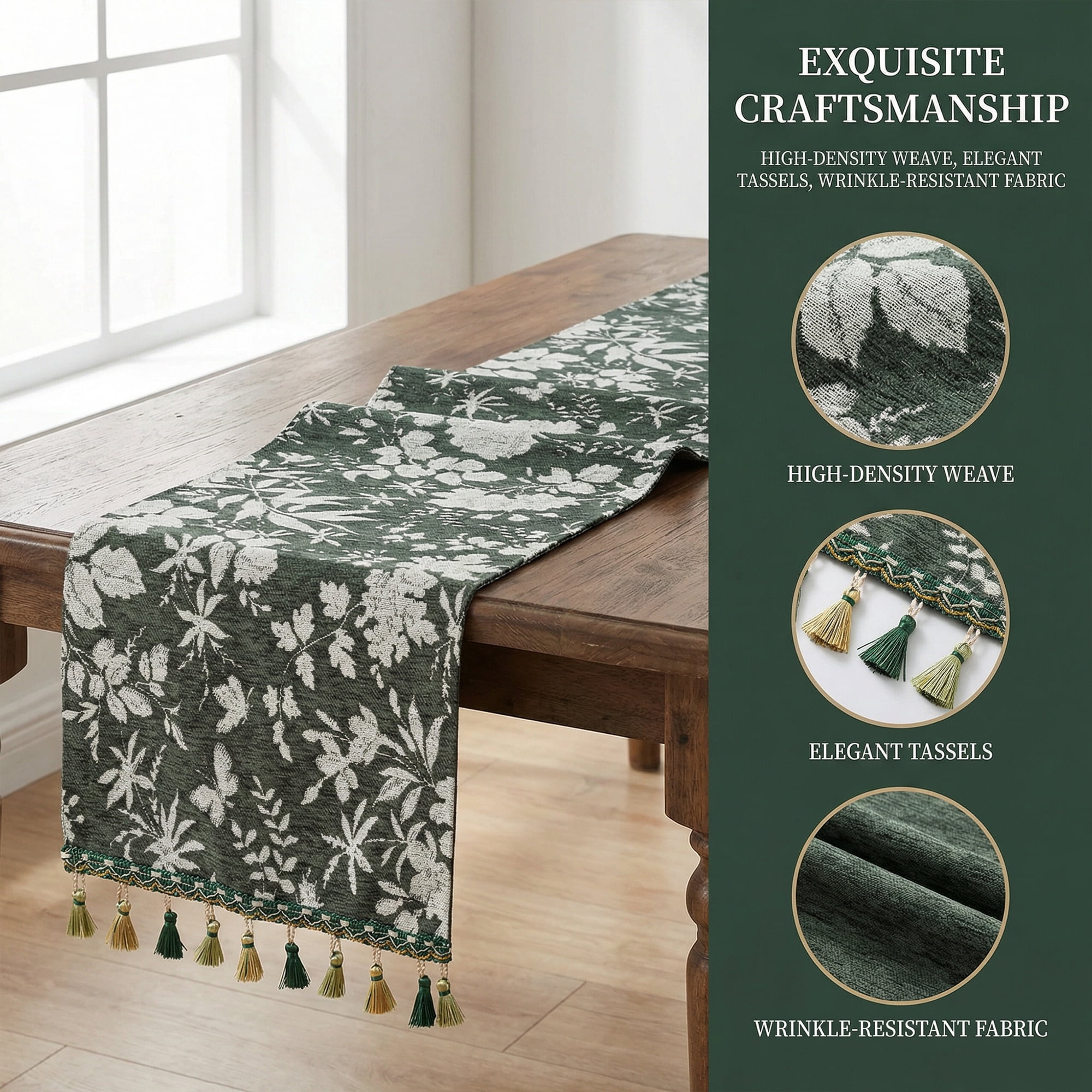 Unique Bargains Floral Table Decoration Kitchen Runner with Tassel Green 13.8x70.9in