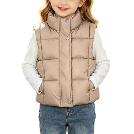 Atogsazn Toddler Baby Girls Puffer Tank Tops Kids Button Down Sleeveless Vest Winter Warm Tops Khaki 6-7 Years Fashion