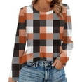 thumbnail image 2 of Nokdvo Sweatshirt Women Trendy Plaid Crew Neck Pullover Long Sleeve Casual Loose Fit Tops,Orange L, 2 of 5