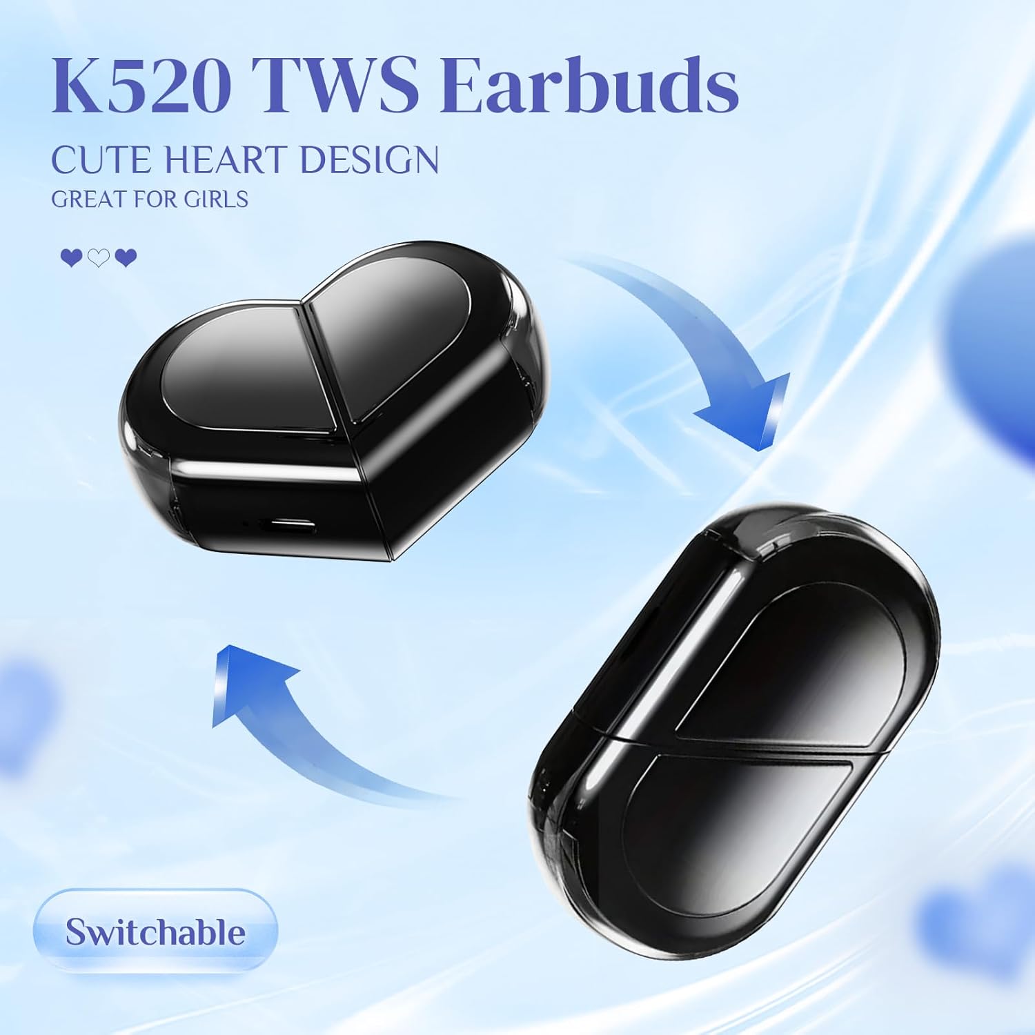 Pink Heart Wireless Earbuds for Girls Kids, Cute Small Mini Tiny Invisible Earbuds Wireless Bluetooth for Small Ears Canals Women Rose Gold Kawai Blue Tooth Ear Buds for iPhone Android, Black
