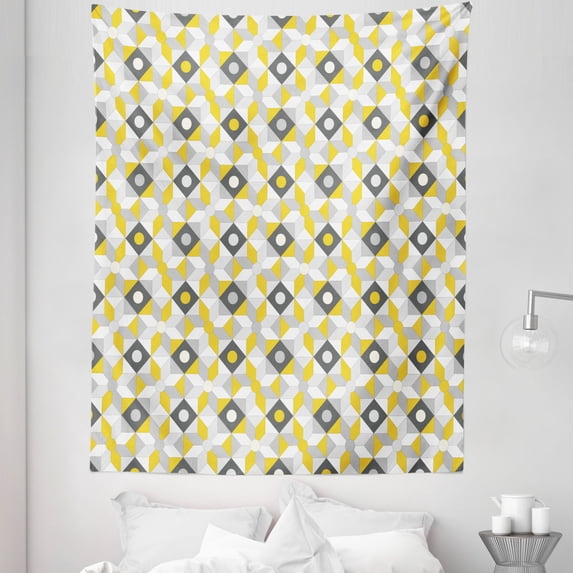 Geometric Tapestry, Geometric Retro 60s 70s Home Inspired Rounds Squares Image, Fabric Wall Hanging Decor for Bedroom Living Room Dorm, 5 Sizes, Charcoal Grey Marigold, by Ambesonne