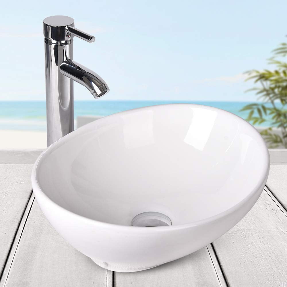 ELECWISH Oval Ceramics Vessel Sink and Faucet Combo White Countertop