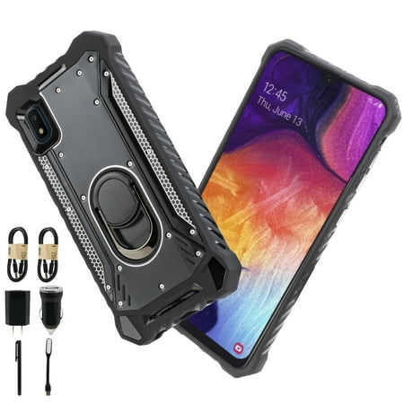Value Pack Cables Chargers + for Samsung Galaxy A20/ A30/ A50 Case Phone Cell Phone Case Brushed Hard Back Slip Dent Guard Hybrid Slim Shock Bumper Cover (Black)