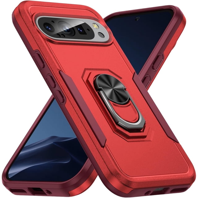KOMI Case Compatible with Google Pixel 9 / 9 Pro with Magnetic Kickstand, Military Armor Heavy Duty Shockproof Anti-Fall Protective Case Cover for Men Women Red