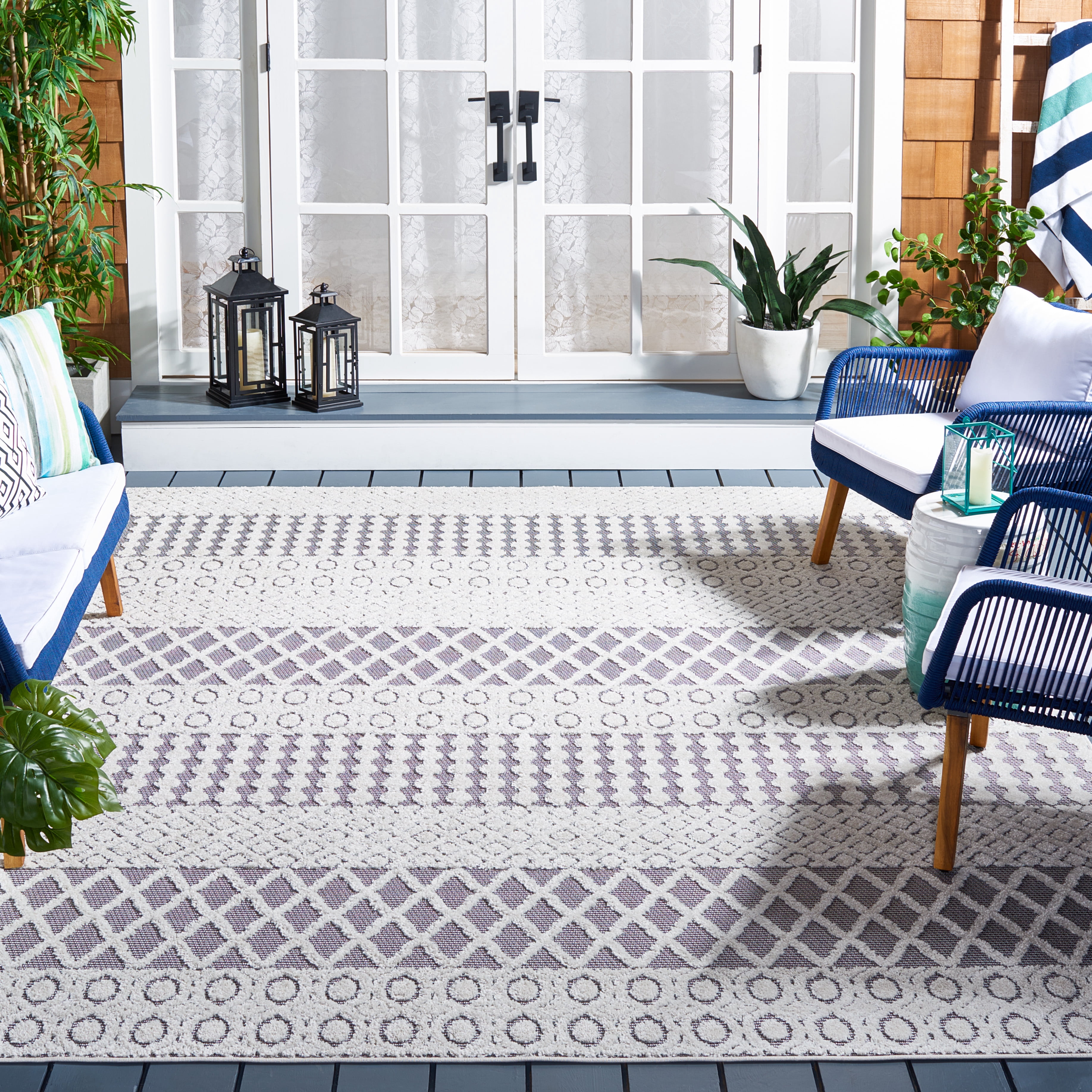 SAFAVIEH Cabana Elouise Geometric Indoor/Outdoor Area Rug, Ivory/Grey, 8' x 8' Square