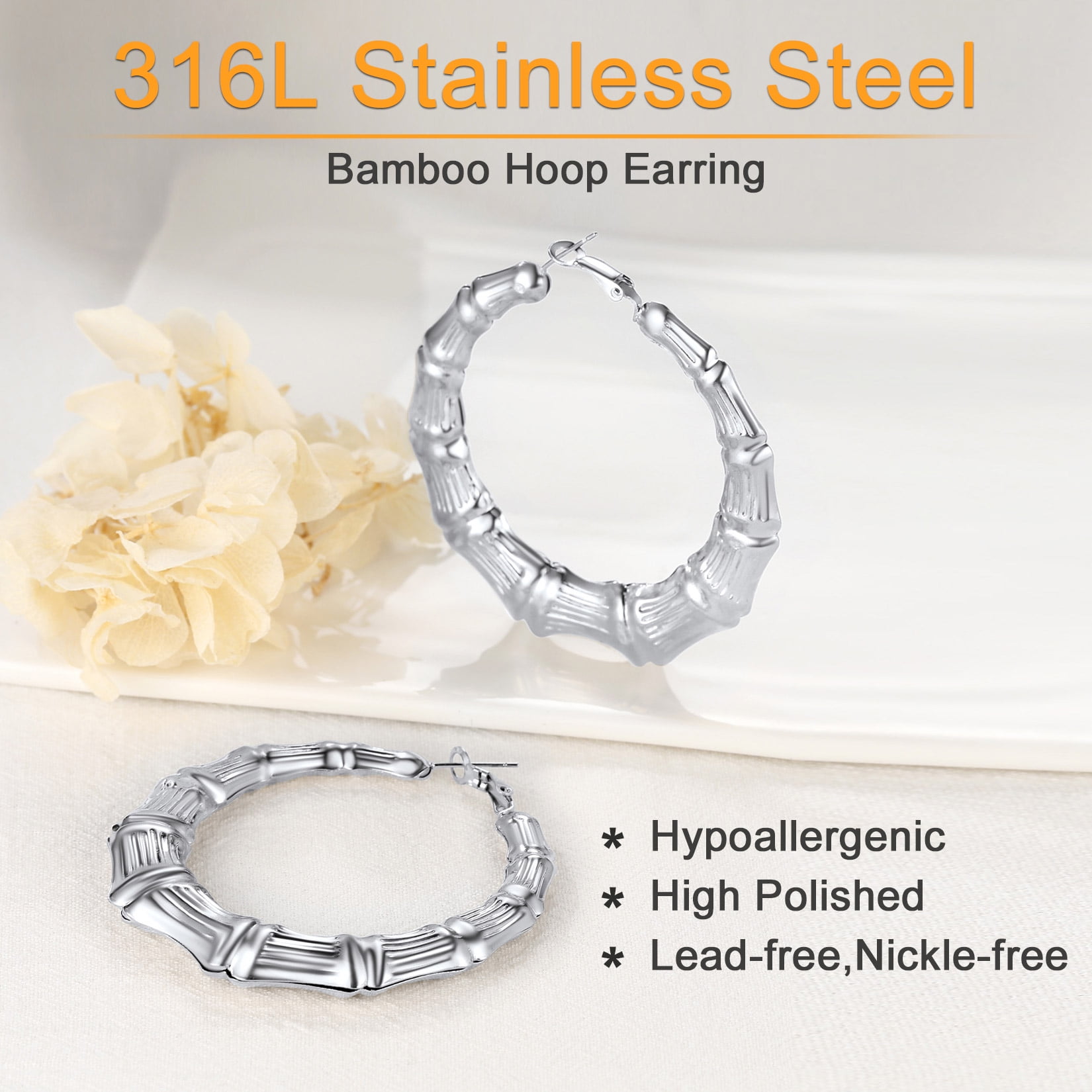 U7 Bamboo Earrings for Women Big Hollow Hoops Stainless Steel Hip Pop Earring Jewelry Gifts, 60mm diameter