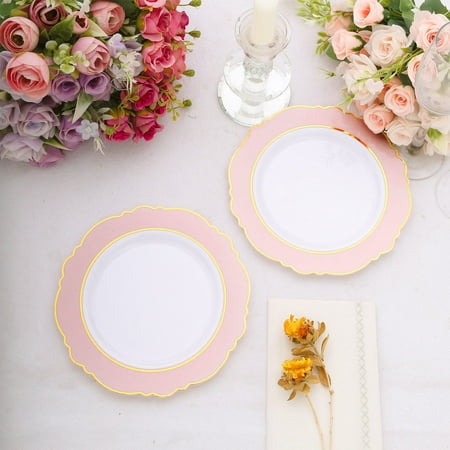 

Efavormart 10 Pack 8 Blush Rose Gold White Plastic Party Plates With Round Blossom Design Disposable Dinner Plates With Gold Rim