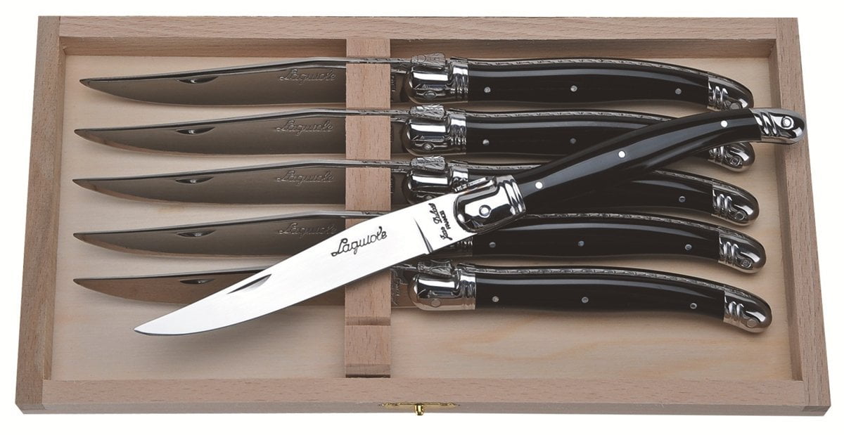 (D) Laguiole French 6 Steak Knives in a Wood Box, Vintage (Black