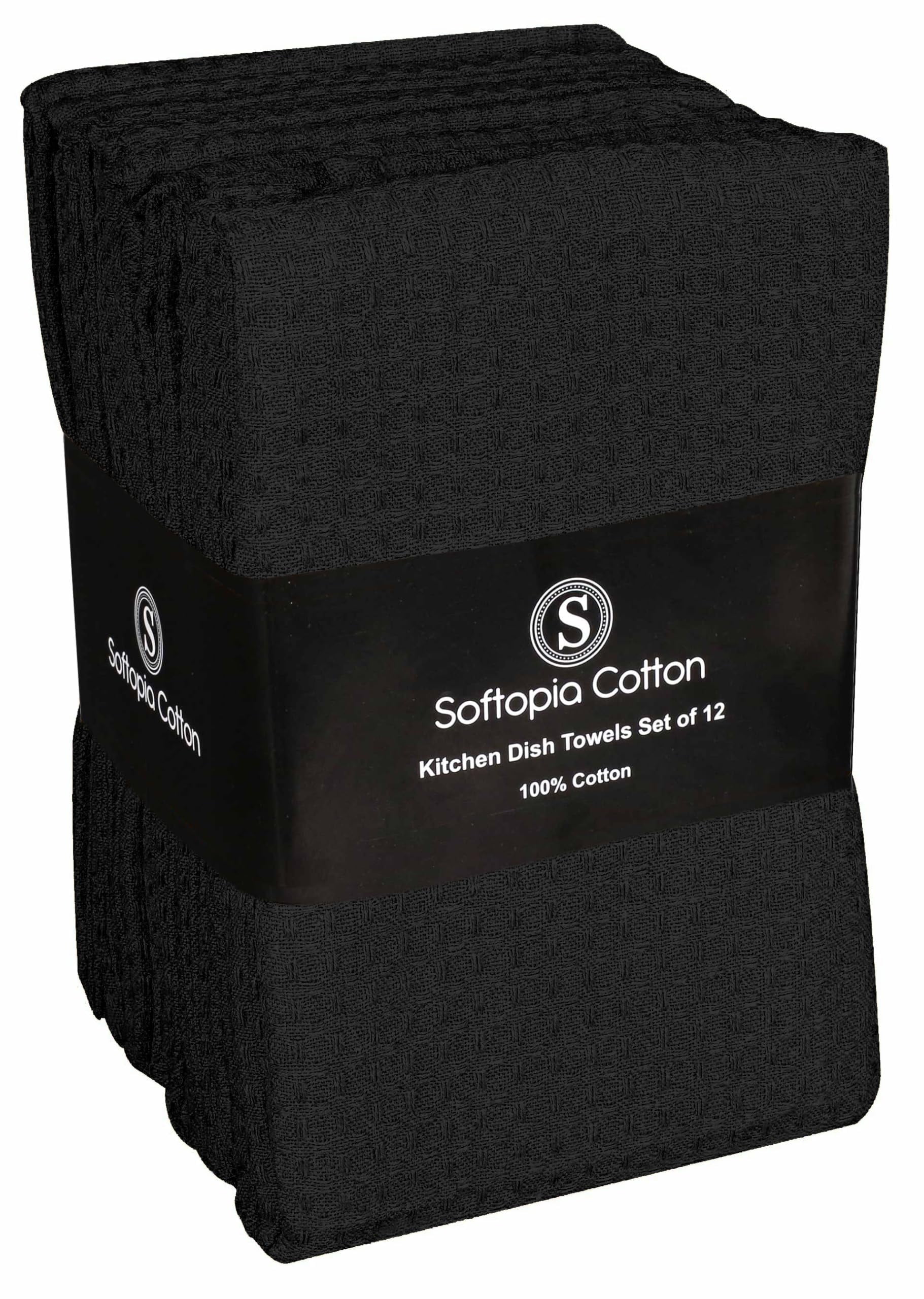 Softopia Cotton Black Waffle Kitchen Dish Towels 100% Cotton, Soft, Absorbent, Quick Drying, Multipurpose Use, Bar & Tea Towels, 16x26 Inches, Durable, Machine Washable, Reusable, Set of 12