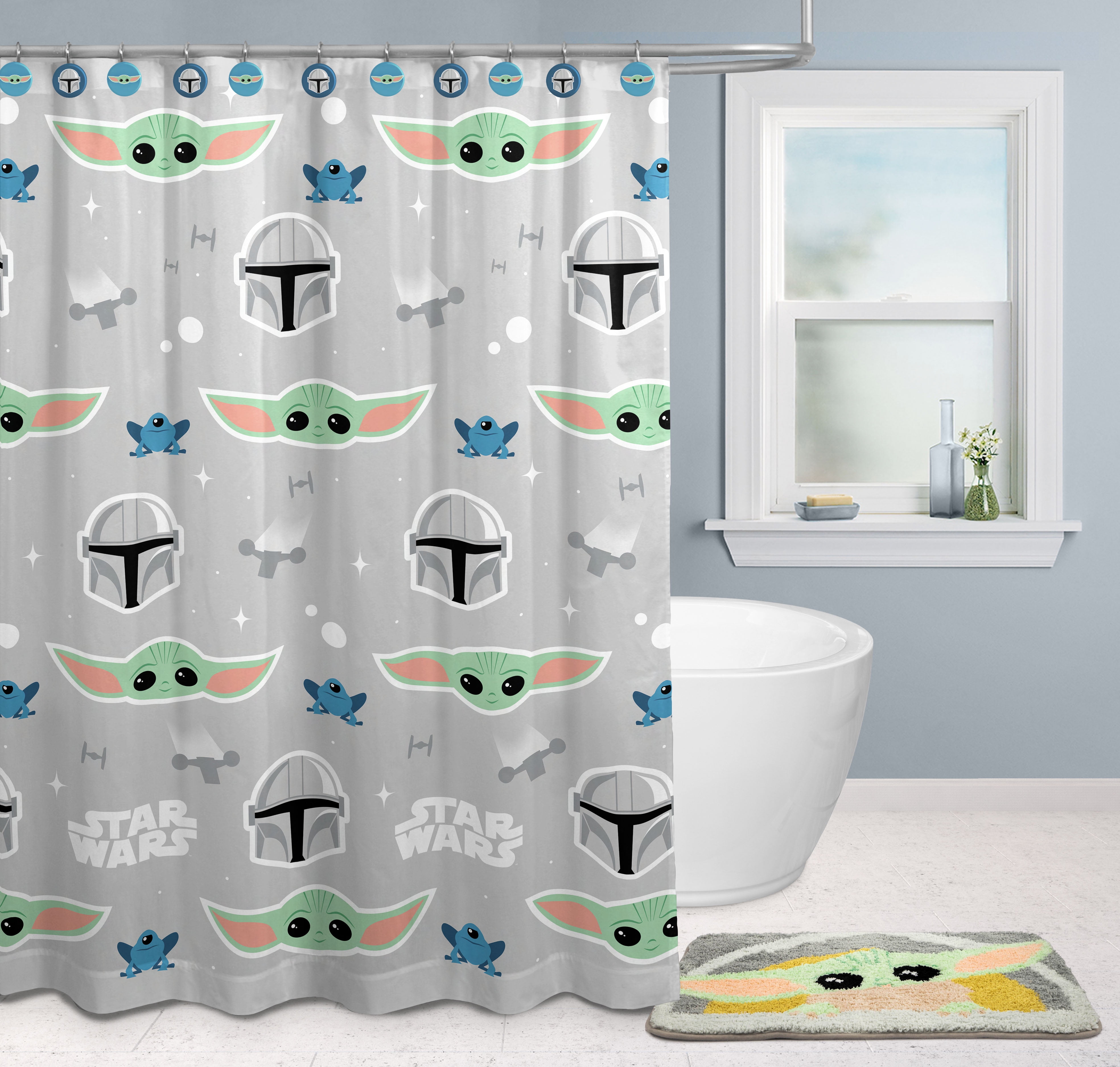 Baby Yoda 14-Piece Shower Curtain Set with Tufted Rug, 72 x 72, Microfiber, Green, Star Wars