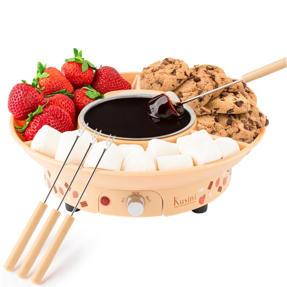 Juego de fondue eléctrica Kusini: kit para fondue de chocolate de 280 ml (10 oz), control de temperatura, bandeja desmontable, 4 tenedores, ideas de regalo para anfitrionas, set de regalo único para i