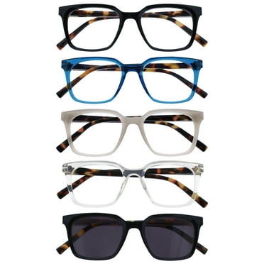 OPULIZE KOI Reading Glasses With Reading Sunglasses 5 Pack - Rectangular Frame - Black-Blue-Gray-Clear-Black - Mens Womens - Spring Hinges - RRRRS50-137C1 -  2.00