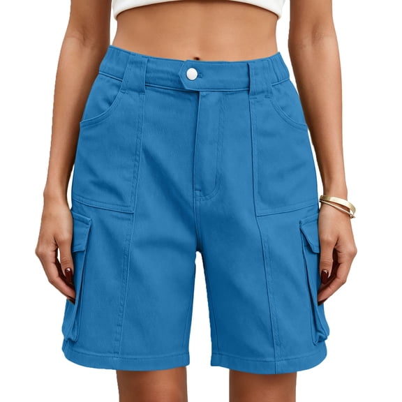 High Waist Cargo Shorts for Women Wide Leg Utility Shorts Summer Sollid Color Chino Shorts with Multi Pocket Blue L