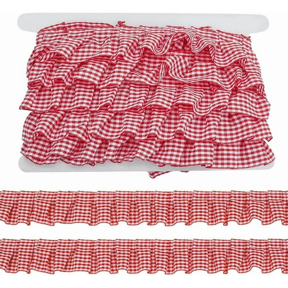 10 Yards Gingham Ruffle Trim Red Pleated Trim 1-5/8 inch Gathered Lace Ribbon Ruffle Ribbon Trim Vintage Lace Edge Trim