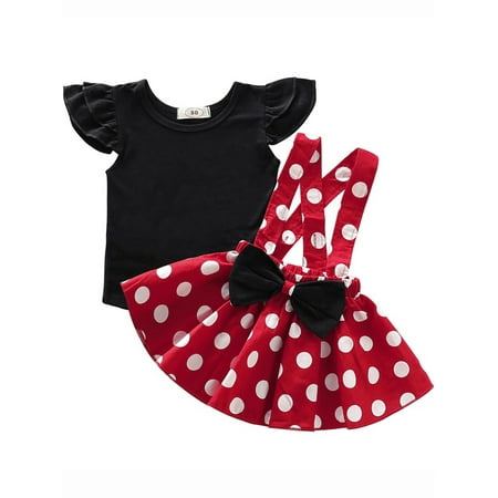 

Kids Toddler Girl Cartoon Dot Clothes Tops + Strap Polka Dot Skirt Outfit Set 1-5T
