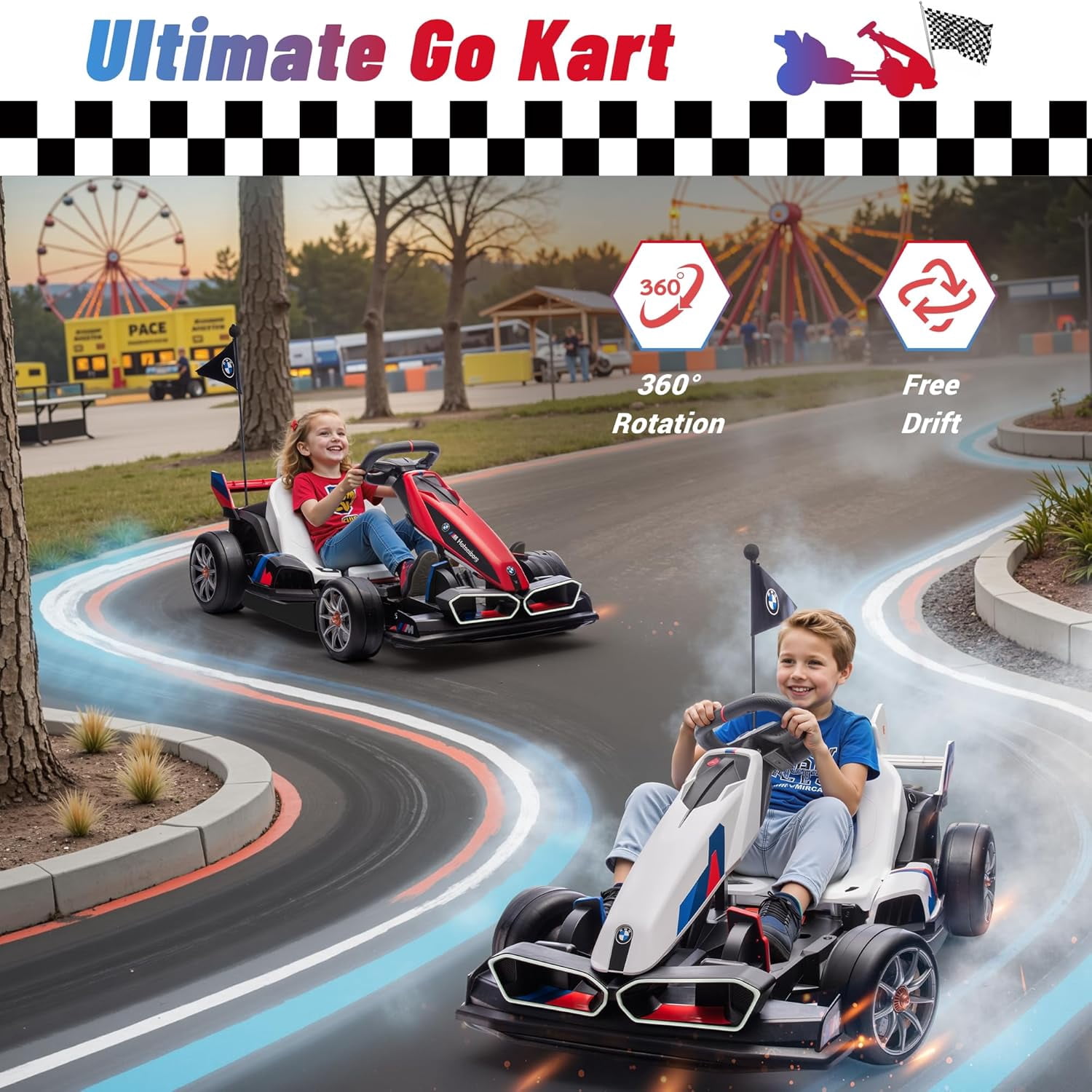 24V 9AH Electric Go Kart with Adjustable Seat,Licensed BMW 7.5 MPH Drift Kart for Kids Age 6-12, 2 * 200W Motors, Drift Mode and 2 Speed， White