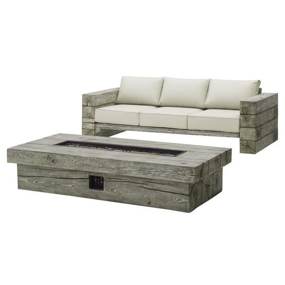 Modway Manteo Rustic Coastal Outdoor Patio Sunbrella® Sofa and Fire Pit Set in Light Gray Beige