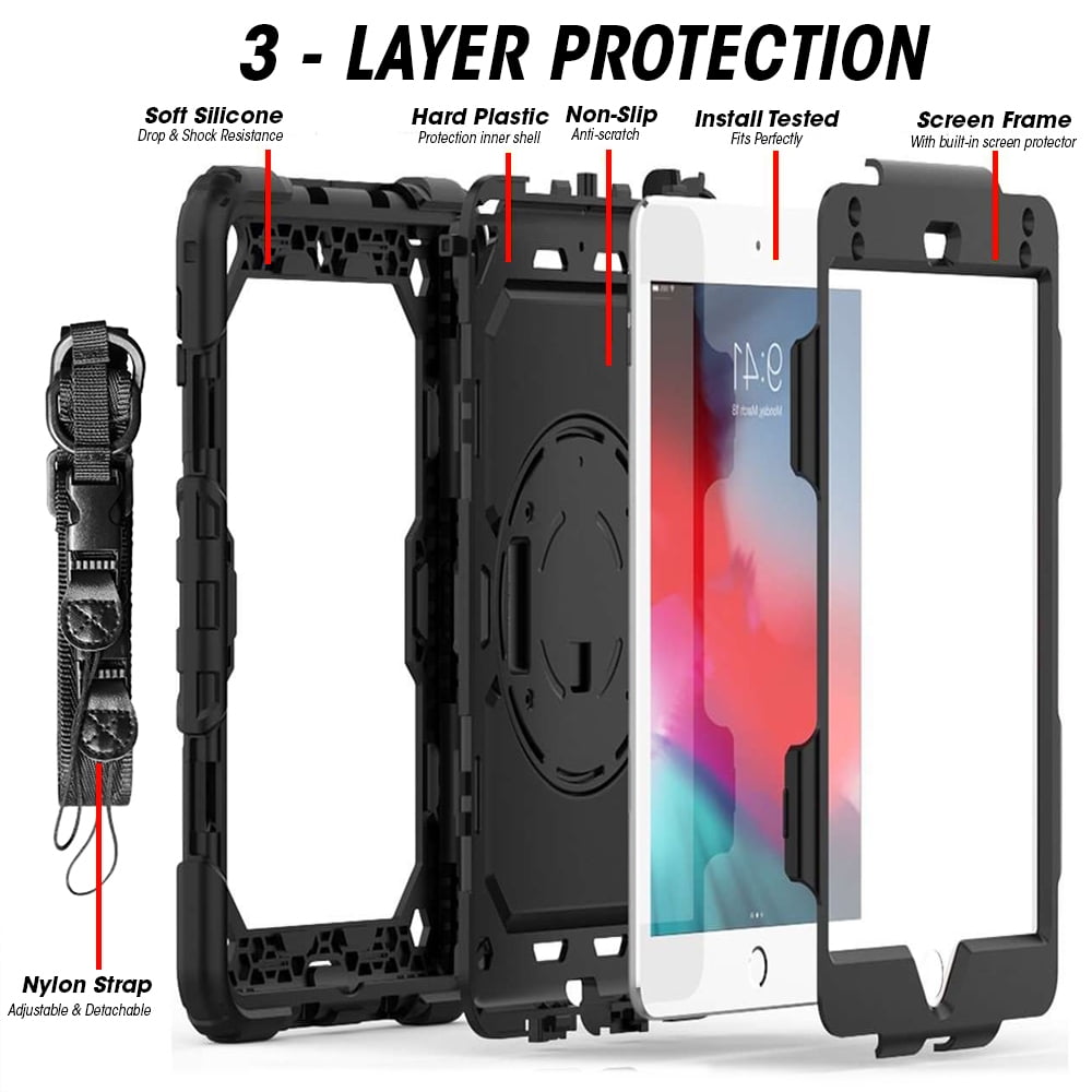 AMZER Tuffen Full Body Protective Case for iPad mini 5 with Built-in Screen Protector, Hand Strap, Neck Lanyard And Apple Pencil Slot for iPad mini 5th Gen