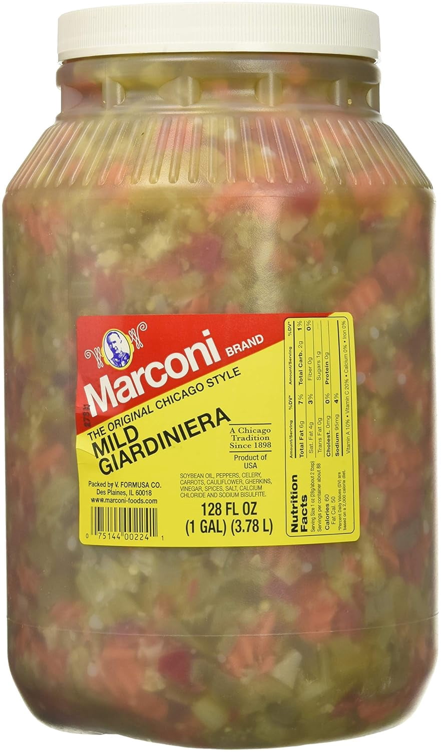 Marconi Mild Giardiniera, Chicago Style Vegetable Mix with Peppers, Carrots, Cauliflower, Celery Gherkins, Bulk Jar, 128 fl oz (1 Gallon)