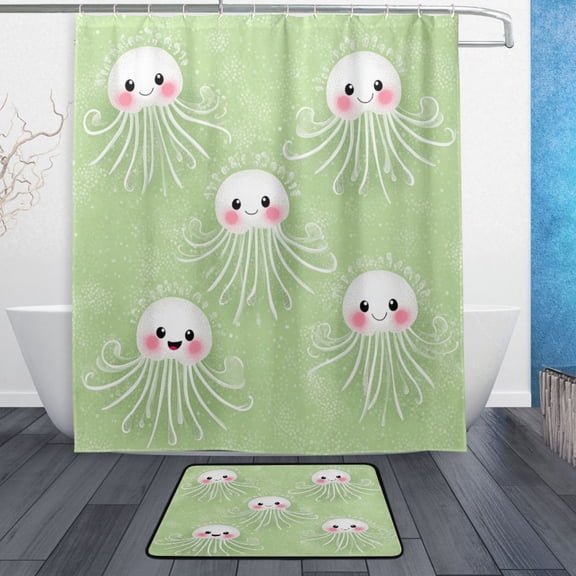 TTYFWHD 60" x 72" Shower Curtain and Bath Mat Set Green Jellyfish Design Waterproof Bathroom Curtain with 12 Hooks, Bathroom Decor Set