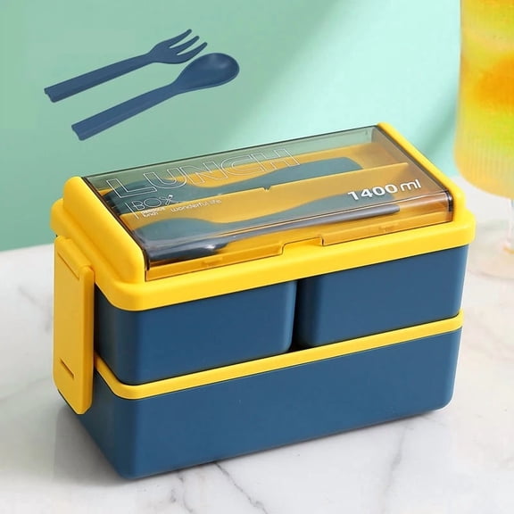 Double Layer Bento Lunch Box Stackable Meal Prep Container Set with Fork Spoon 1400ml Large Capacity Microwavable Leakproof Food Storage Box for Office School
