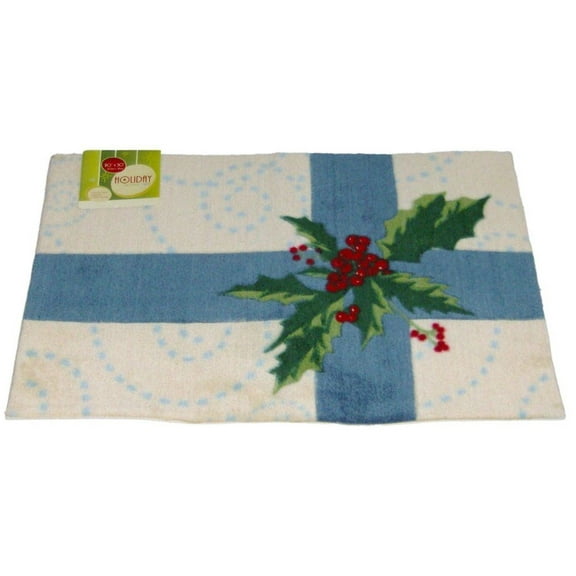 Holiday Door Mat Blue Bow & Holly Plush Throw Accent Rug