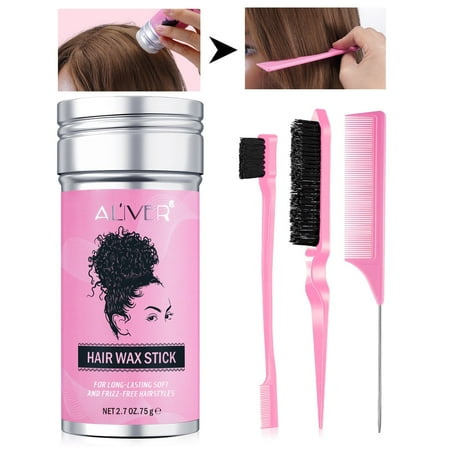 Aliver Hair Wax Stick,4-piece Set Hair Wax Stick & Pink Comb for Hair Flyaways and Long-Lasting Soft and Frizz-Free Hairstyles,75g