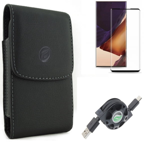 Screen Protector & USB Cable & Case Belt Clip for Samsung Galaxy Note 20 Ultra (6.9") - Combo with Tempered Glass (Fingerprint Unlock) & Retractable Type-C & Leather Holster