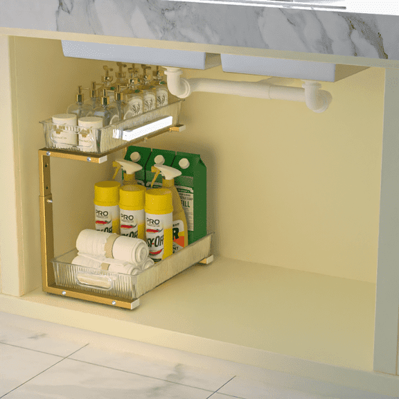 Adjustable 2-Tier Under Sink Organizer with LED Light, Stainless Steel Storage Rack for Kitchen and Bathroom Cabinets
