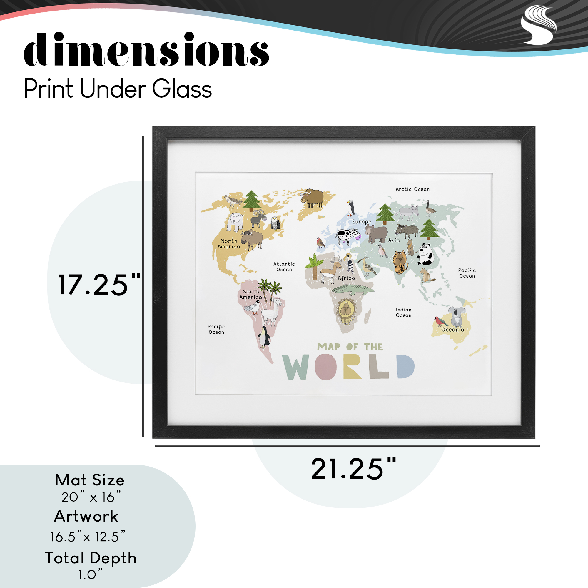Map Of World Pastel Animals Black Framed Print Under Glass, design by Carla Daly