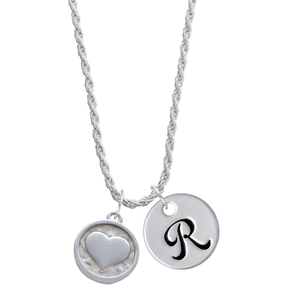 Delight Jewelry Silvertone Smooth Heart - Round Seal Silvertone Script Initial Disc - R - Charm Necklace, 20"+3"