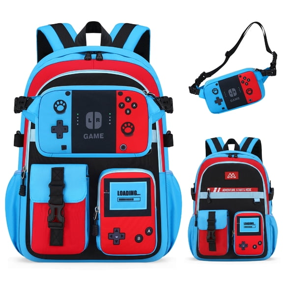 TILYTADLY 2‑IN‑1 School Backpack for Boys - Gamer Backpack for Boys with Waist Bag, 18″ Large Capacity Students Bag for Kids Children Teens Elementary Middle School