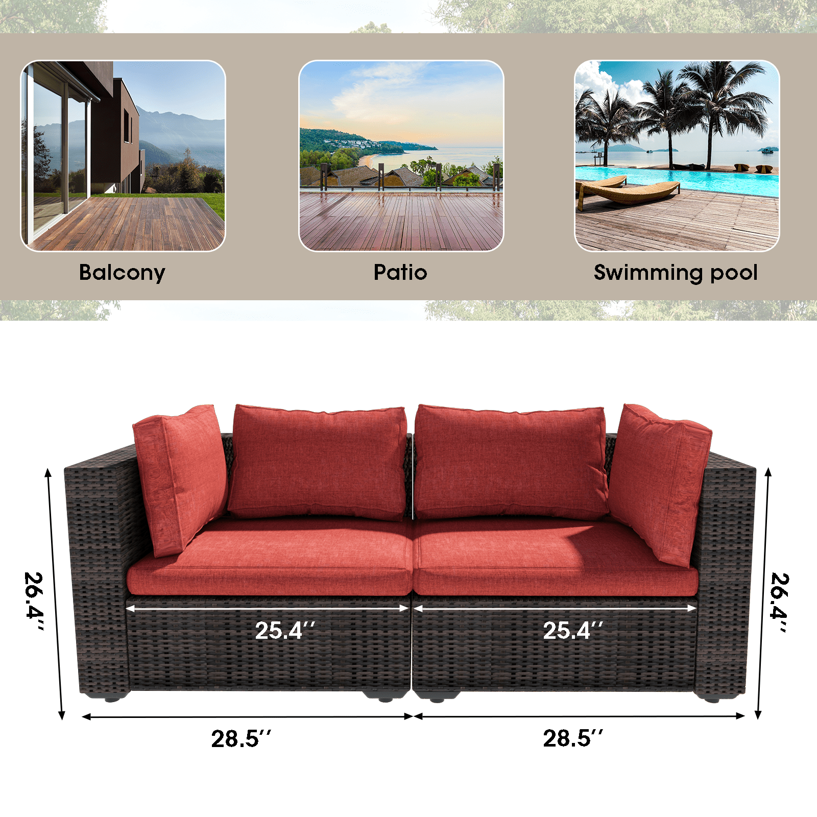 TANGJEAMER 5 Piece Patio Furniture Set with Fire Pit Table, All Weather Outdoor Sectional PE Rattan, Patio Conversation Sets with Cushions and Glass Coffee Table for Garden Lawn Balcony, Red