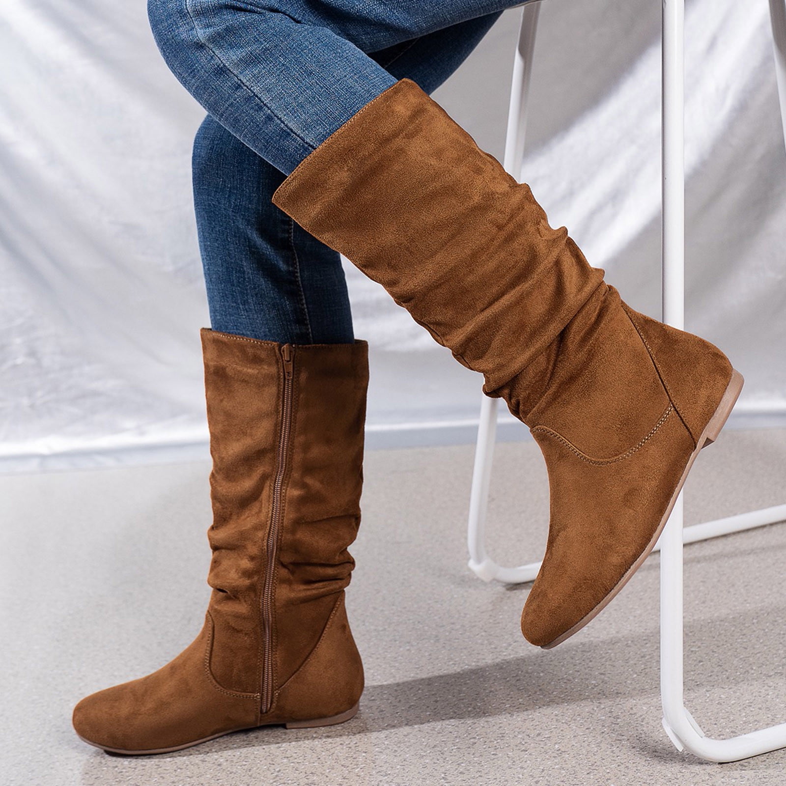 Men\'s Suede-Look Slouch Zip Boot, Ruched Mid-Calf Ankle Height, Rounded Toe, Black Slouchy Mid Calf Pointed Toe Boots | Lime Lush Boutique main image 4