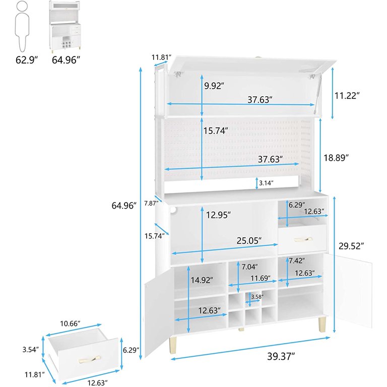 Kitchen Pantry Storage Cabinet, Pantry Cabinet with Pegboard Wall,  Microwave Space, Large Shelves, 6 Grid Wine Racks & 2 Drawers & 2  Adjustable Storage Cabinets for Kitchen, Dinning Room by Aousthop 