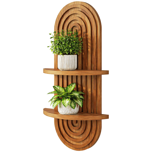 Arched Wooden Floating Wall Shelf, 2 Tier Boho Wall Decor, 16.9" Plant Wall Shelf, Bohemian Holding Planter Decorative Shelves for Living Room Bedroom Bathroom Brown