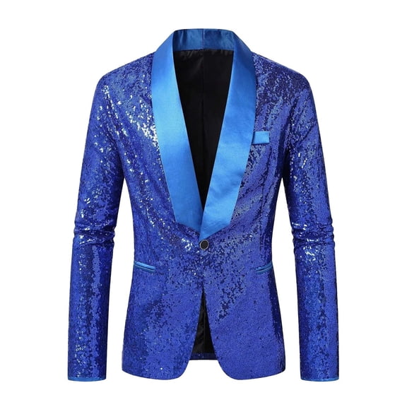 IWRICH Men's Carnival One Button Sequin Dress Suit Jacket Mardi Gras Party Festival Tuxedo Sport Coat Blue XL